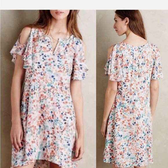 Maeve Anthro‎ Watercolor Pastel Orange Blue Dot Flutter Sleeve Cutout Dress XS - Picture 1 of 8